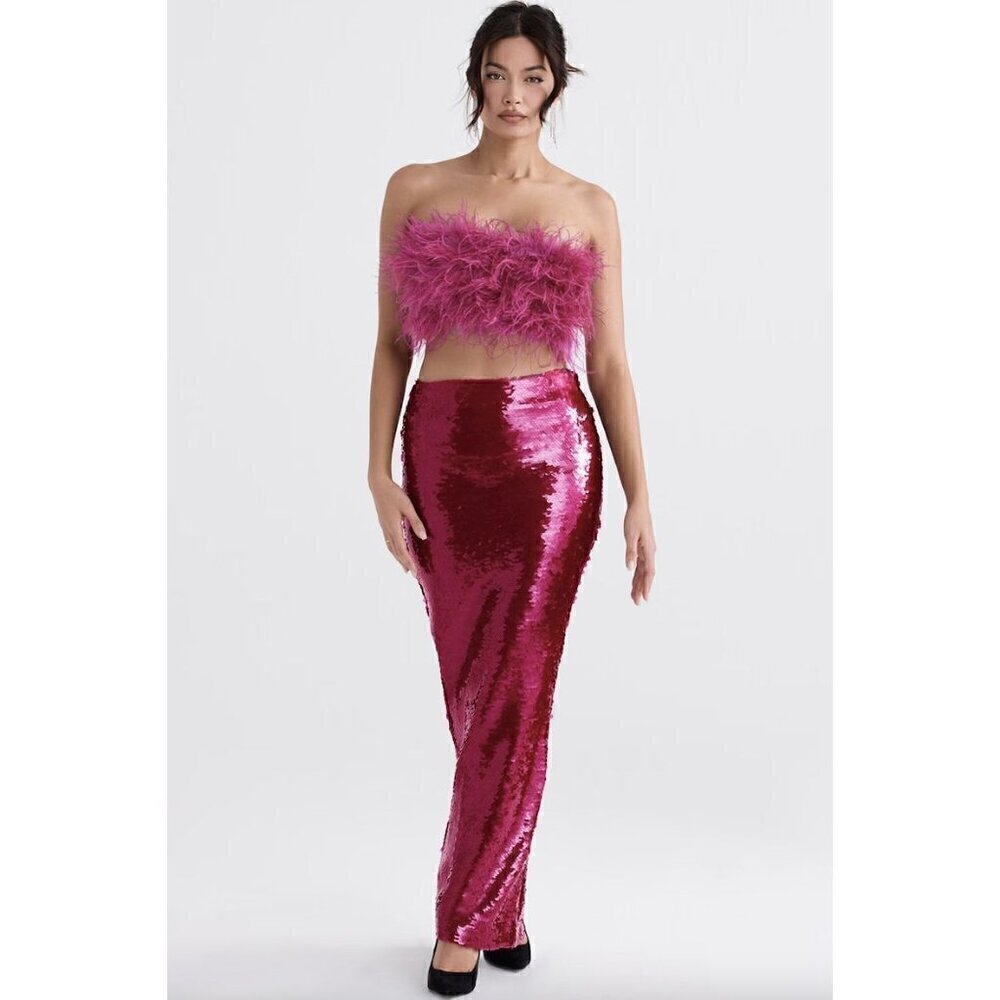 HOUSE OF CB Alexis Sequin Maxi Skirt in Hot Pink Size Large+